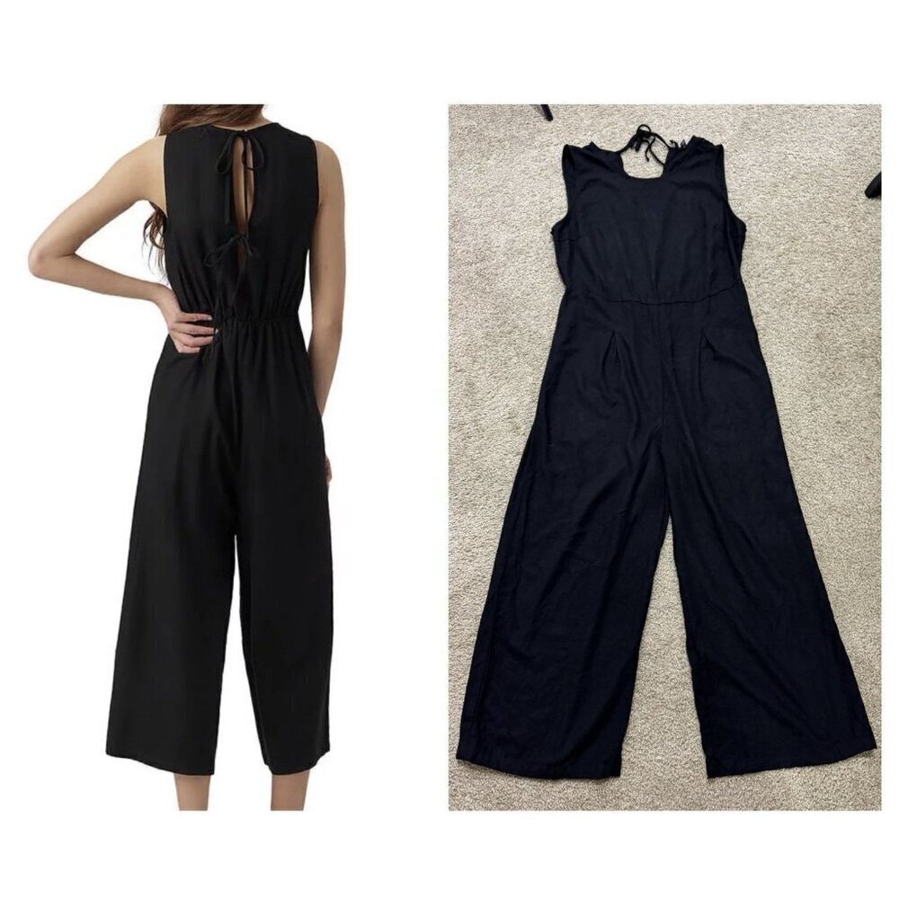 VERO MODA Black Linen Blend Sleeveless Culotte Cropped Jumpsuit Tie Back XL